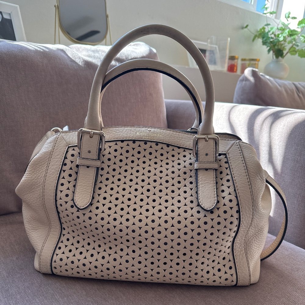 Kate Spade Mercer Isle Sloan Perforated Large Leather Hand Bag Cream